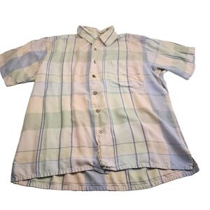 Tom James Vintage Silk Shirt Mens S Button Short Sleeve Pastel Plaid Preppy